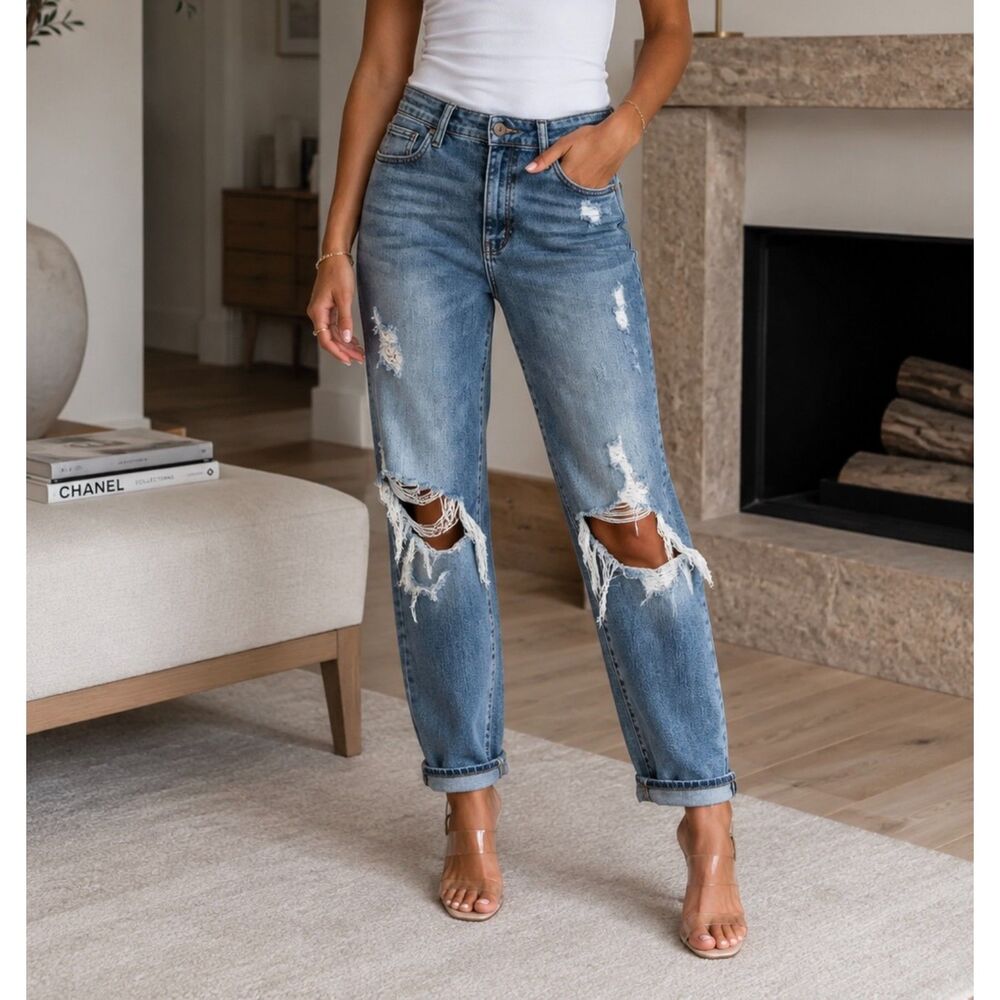 Judy Blue Boyfriend Fit Jeans Womens 15/32 Distressed Stretch Medium Wash 32x28